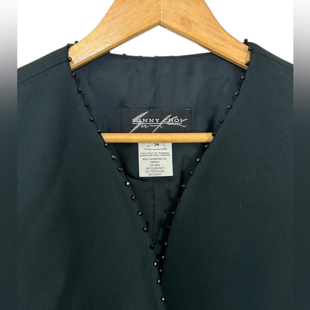 Sunny Choi Vintage Emerald Greed Beaded Sequin Accent Longline Button Blazer 14 - Picture 2 of 7